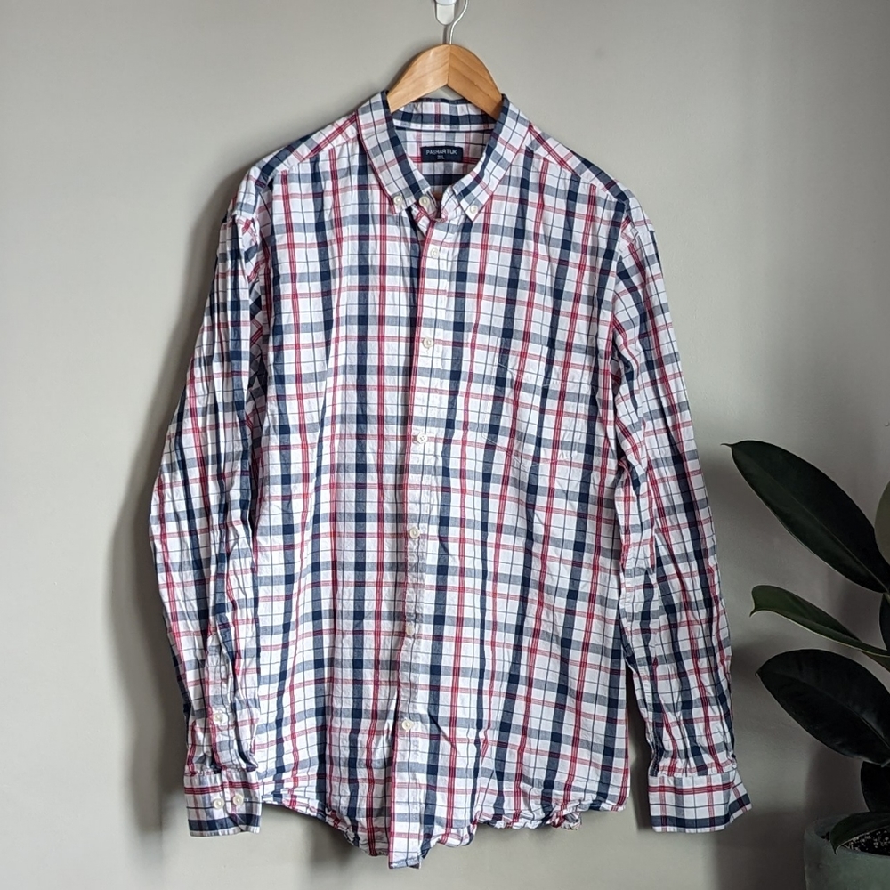 Red white and blue plaid button up shirt
